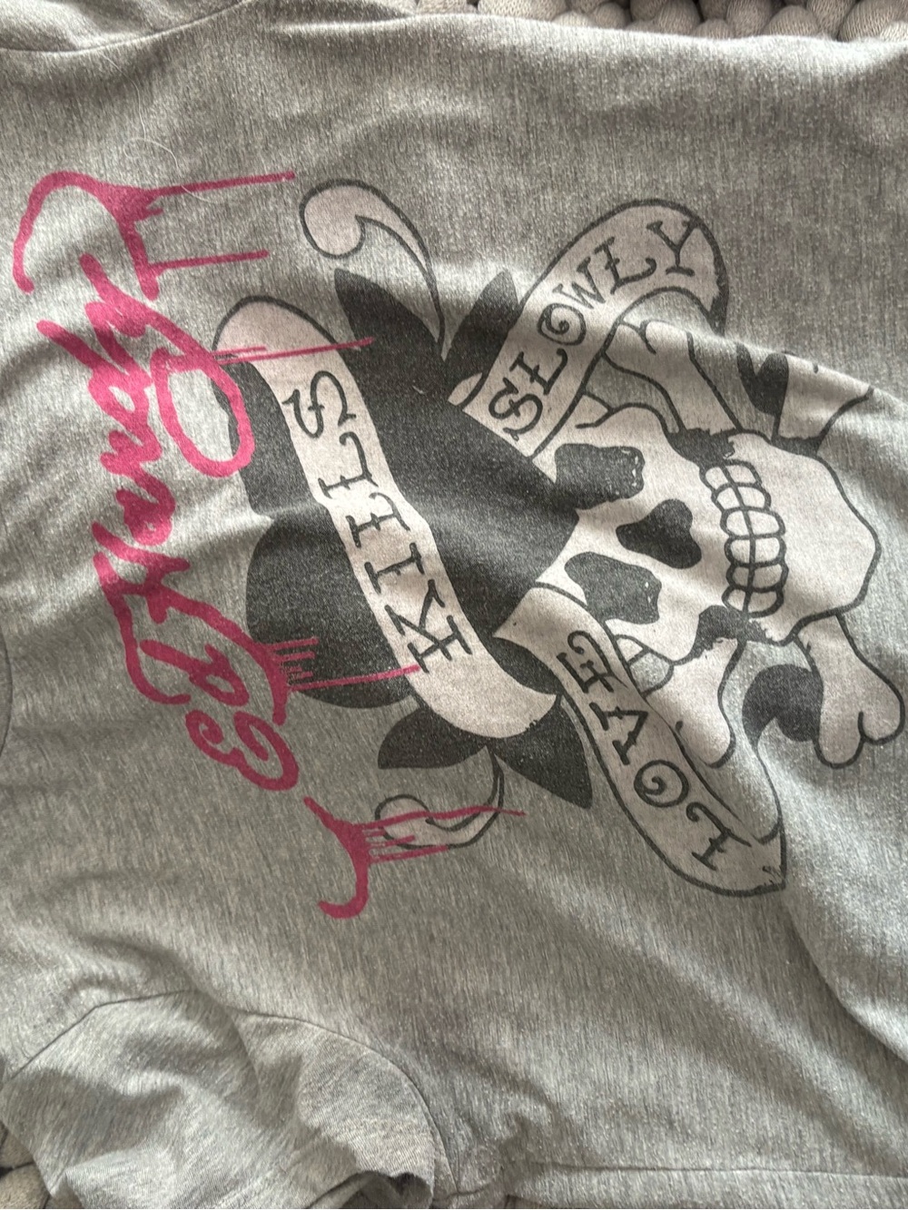 Ed Hardy Gray Skull Graphic Sweatshirt with Pink Script